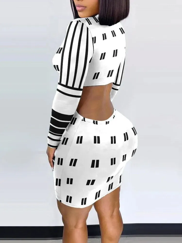 Geo Print Cutout Back Raunch Shirt Dress*