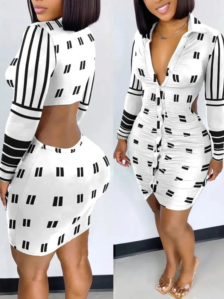 Geo Print Cutout Back Raunch Shirt Dress*