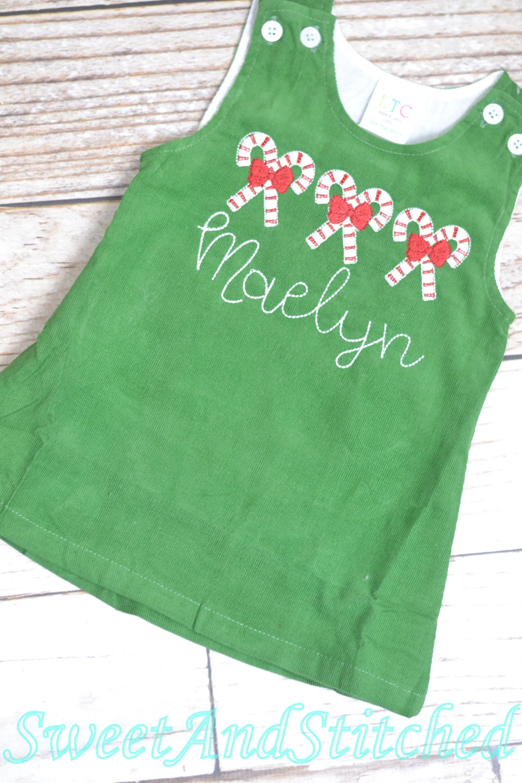 Girls candy cane Christmas dress - Monogrammed Christmas outfit- Corduroy Christmas jumper dress - baby girl christmas outfit