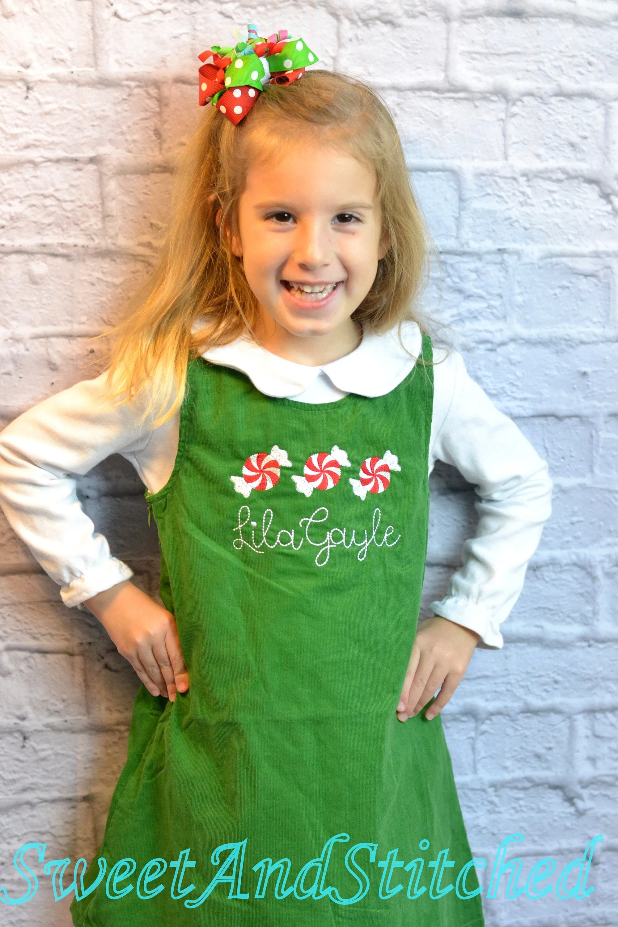 Girls candy cane Christmas dress - Monogrammed Christmas outfit- Corduroy Christmas jumper dress - baby girl christmas outfit