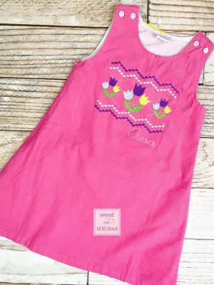 Girls Pink Corduroy Faux Smock Easter Dress with tulips