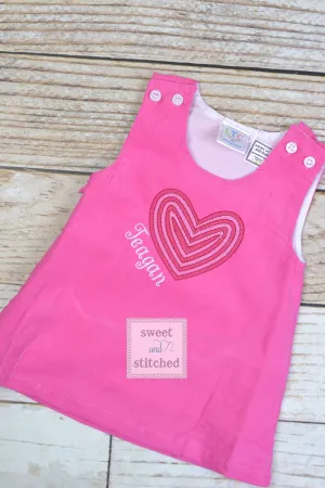 Girls Pink Corduroy Valentine's dress - Monogrammed Pink jumper dress dress with heart design - Corduroy Valentine's outfit