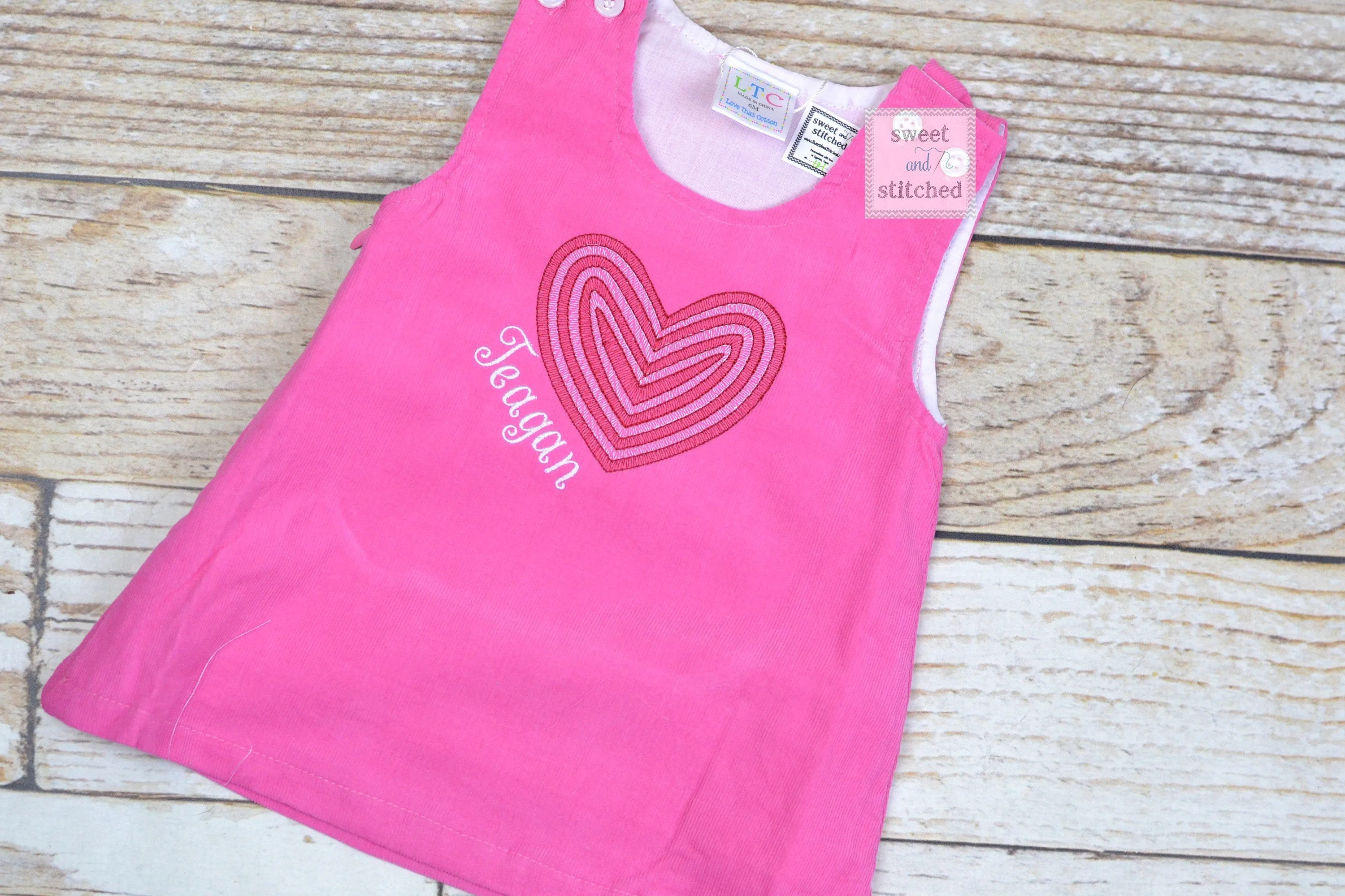 Girls Pink Corduroy Valentine's dress - Monogrammed Pink jumper dress dress with heart design - Corduroy Valentine's outfit