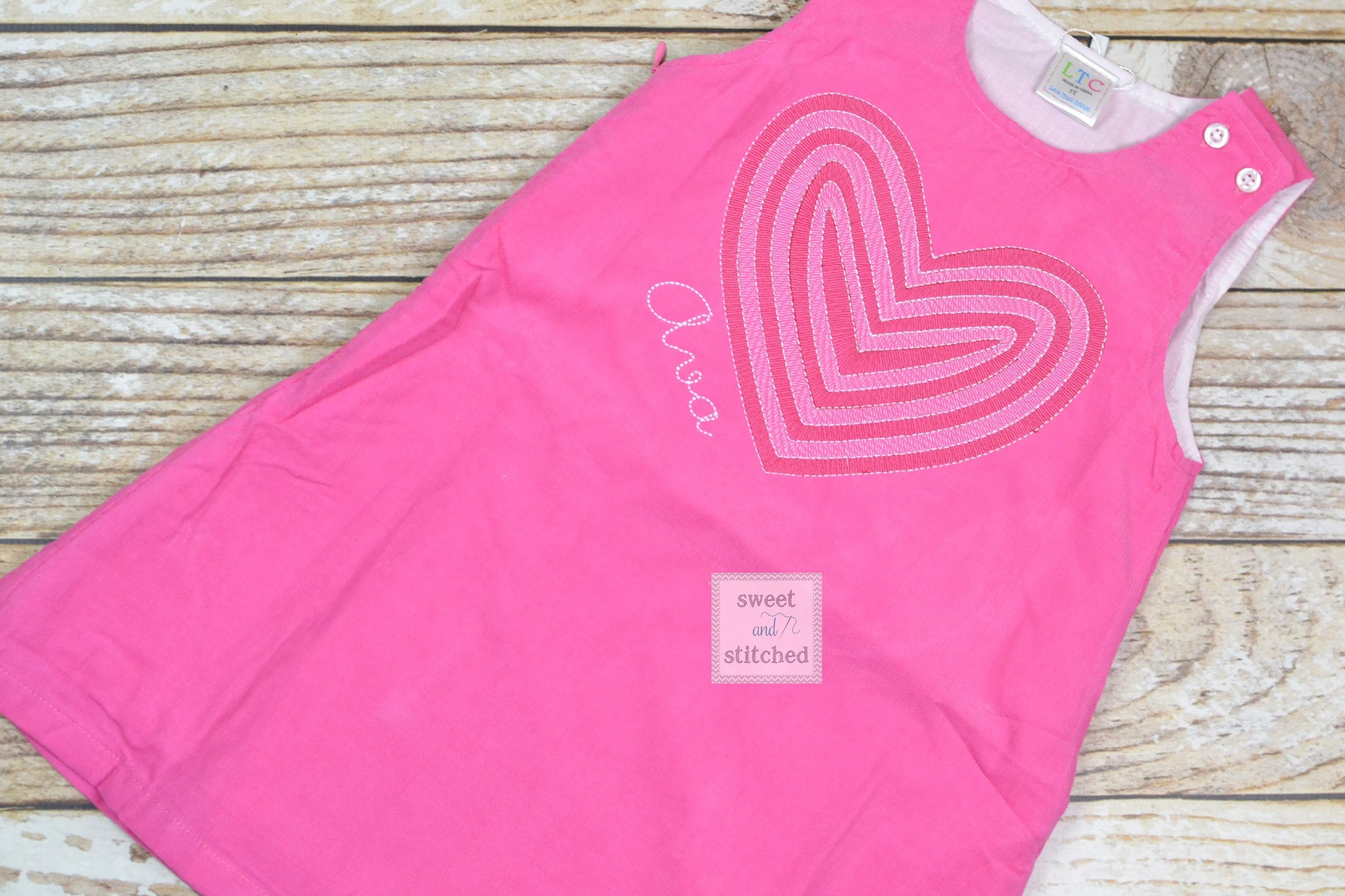 Girls Pink Corduroy Valentine's dress - Monogrammed Pink jumper dress dress with heart design - Corduroy Valentine's outfit