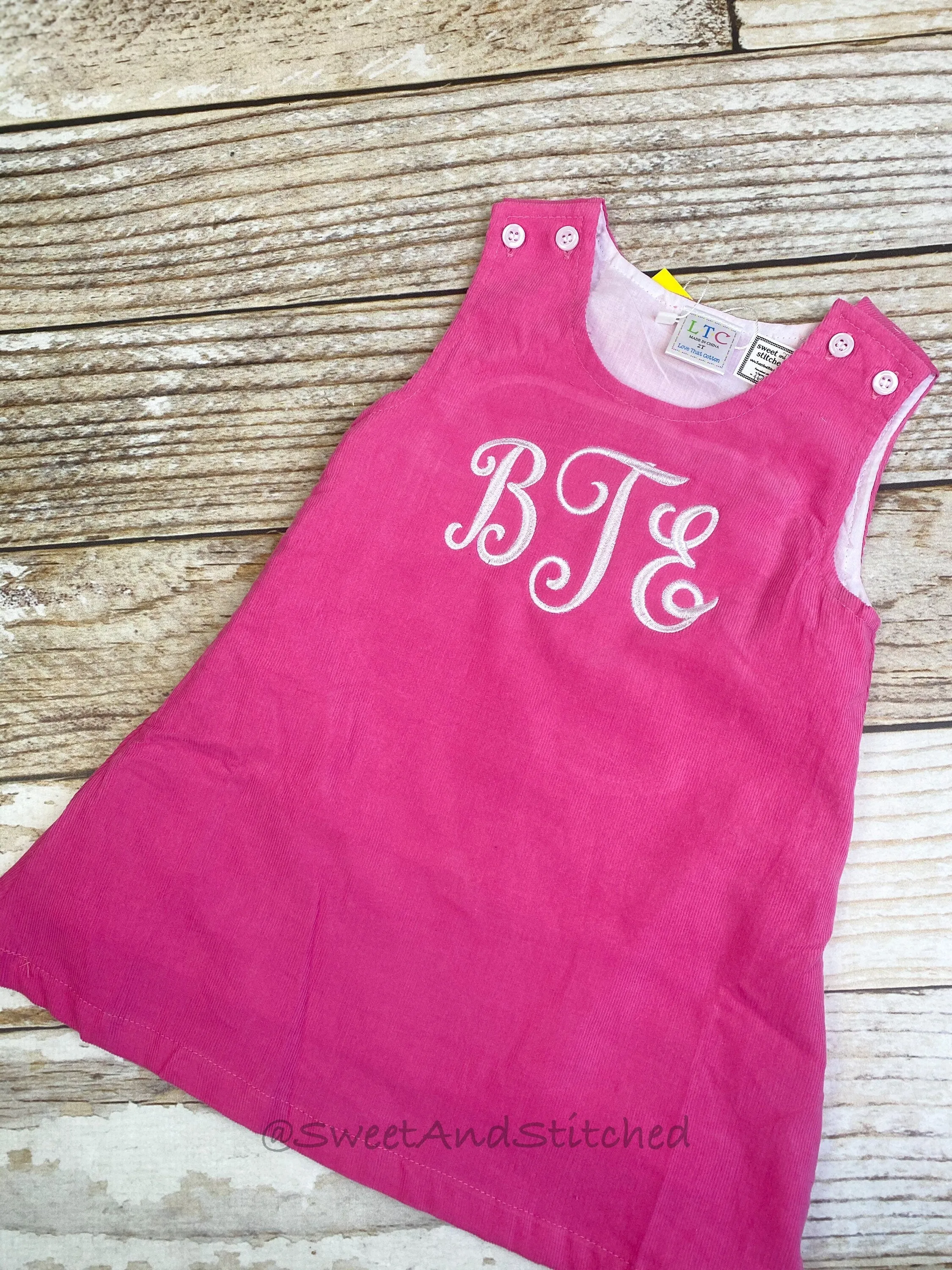 Girls Pink Corduroy Valentine's dress - Monogrammed Pink jumper dress dress with heart design - Corduroy Valentine's outfit