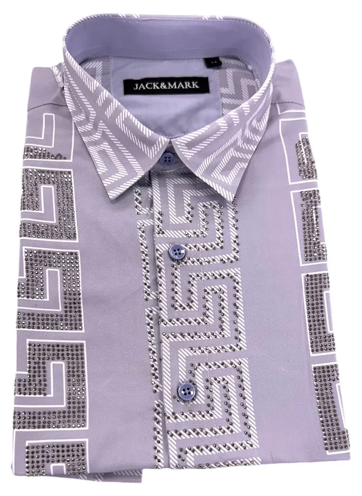 Grey Men's Long Sleeve Shirt Stretch Material Greek Key Print with Dimond Stone