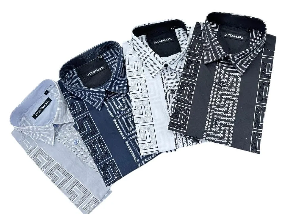 Grey Men's Long Sleeve Shirt Stretch Material Greek Key Print with Dimond Stone