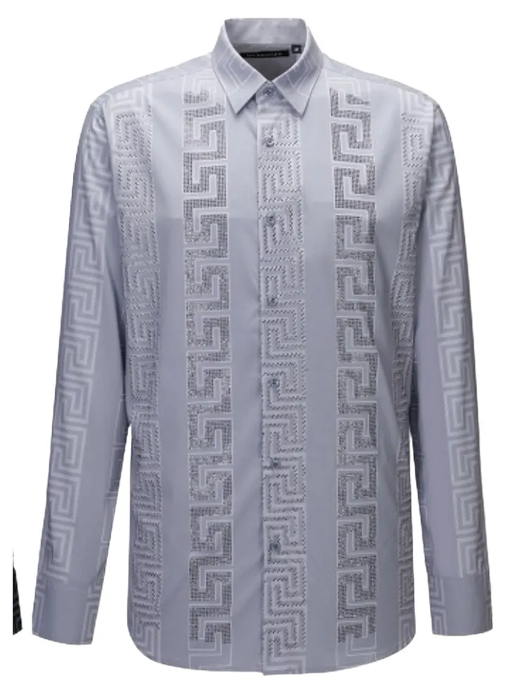 Grey Men's Long Sleeve Shirt Stretch Material Greek Key Print with Dimond Stone