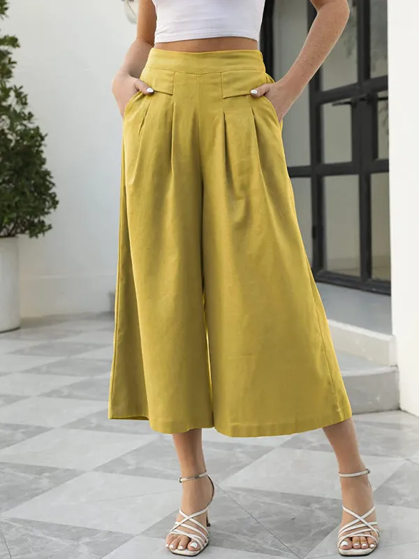 High Rise Wide Leg Cotton Trousers - Pleated Culottes Pants