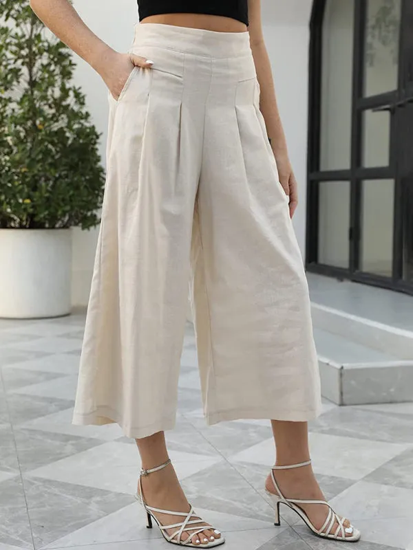 High Rise Wide Leg Cotton Trousers - Pleated Culottes Pants