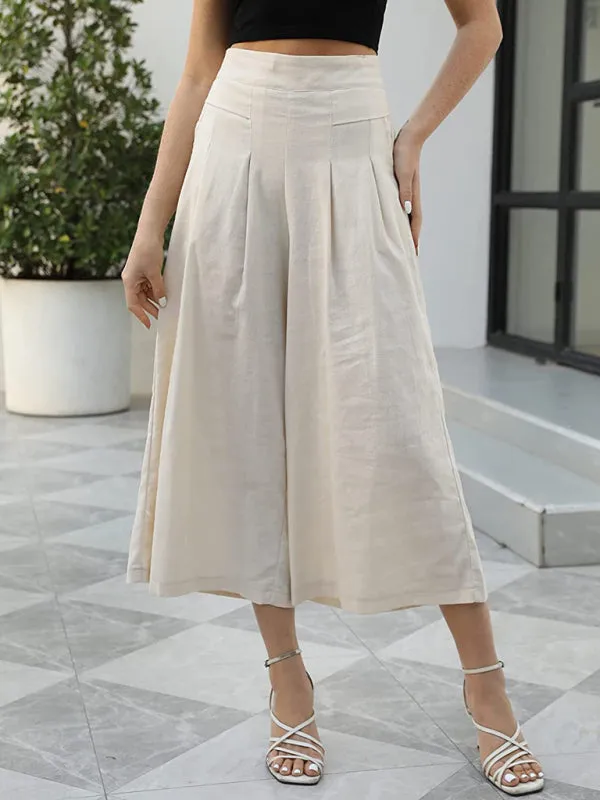 High Rise Wide Leg Cotton Trousers - Pleated Culottes Pants