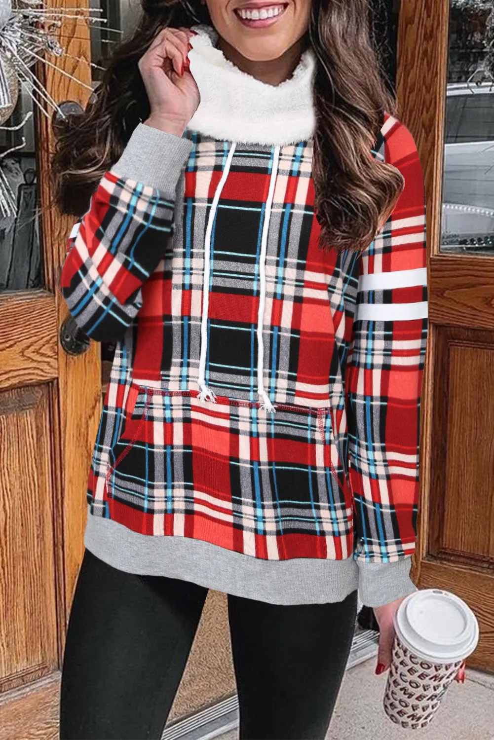 Hoodies for Women Buffalo Plaid Print Sherpa Patchwork High Neck Drawstring Sweatshirt