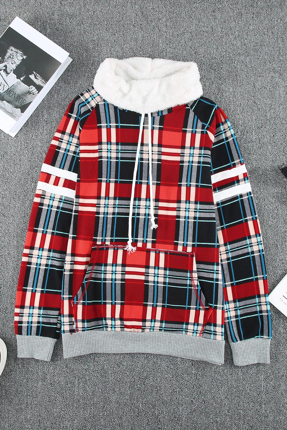 Hoodies for Women Buffalo Plaid Print Sherpa Patchwork High Neck Drawstring Sweatshirt