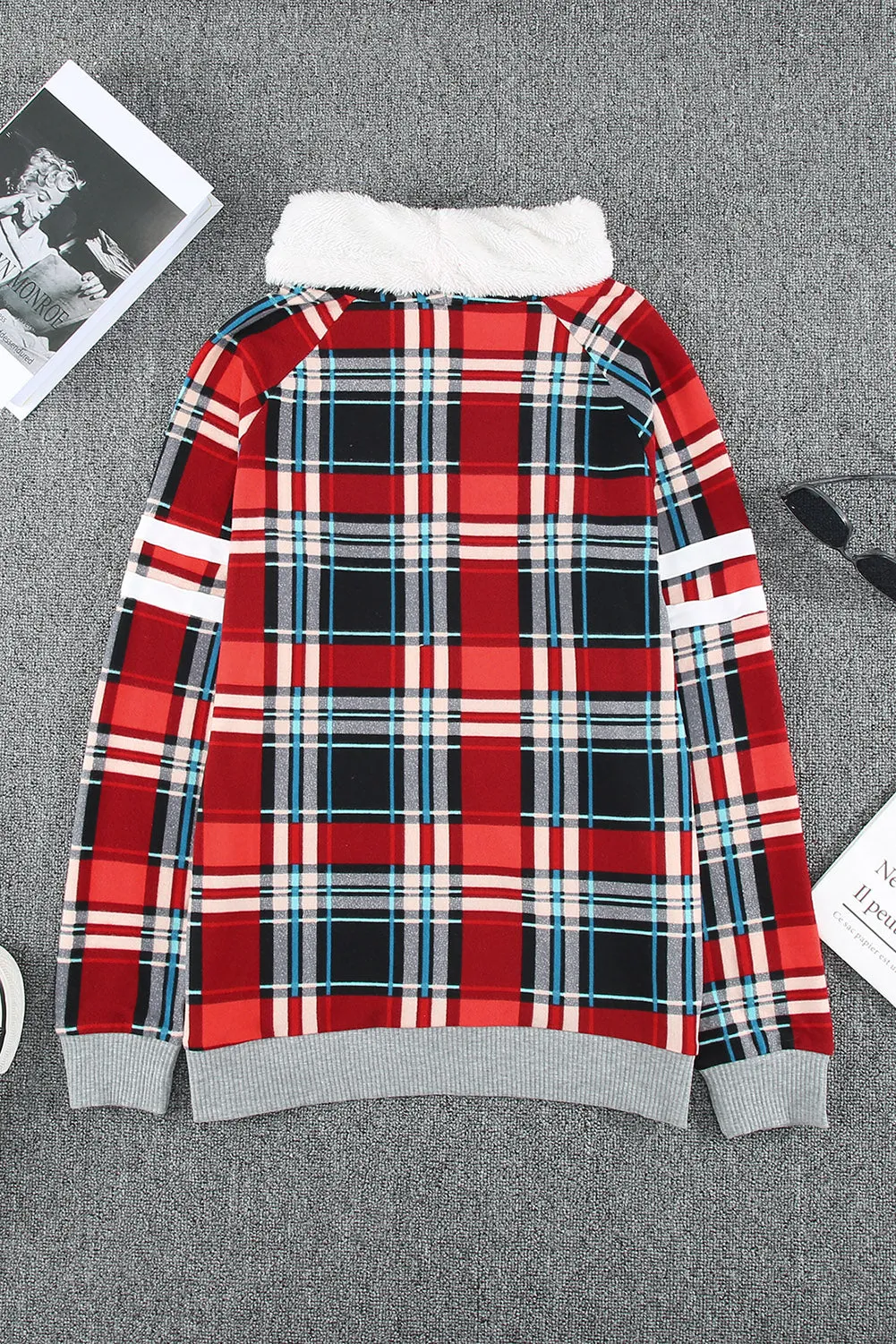 Hoodies for Women Buffalo Plaid Print Sherpa Patchwork High Neck Drawstring Sweatshirt