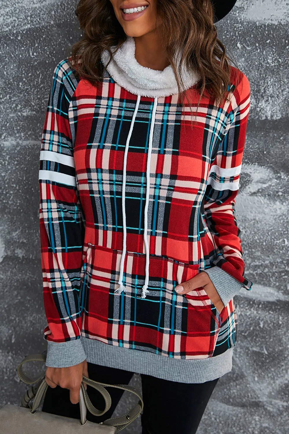 Hoodies for Women Buffalo Plaid Print Sherpa Patchwork High Neck Drawstring Sweatshirt