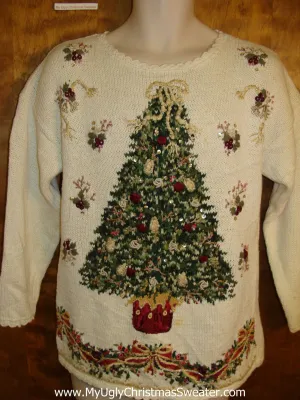 Ivory Pullover with a Huge Festive Tree Cute Xmas Sweater