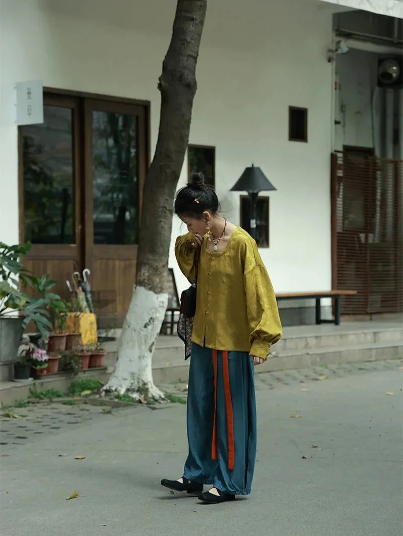 Jixin 鸡心 Chicken Heart Modernized Tang Song Tencel Denim Trousers & Tanling Scoop Shirt Set