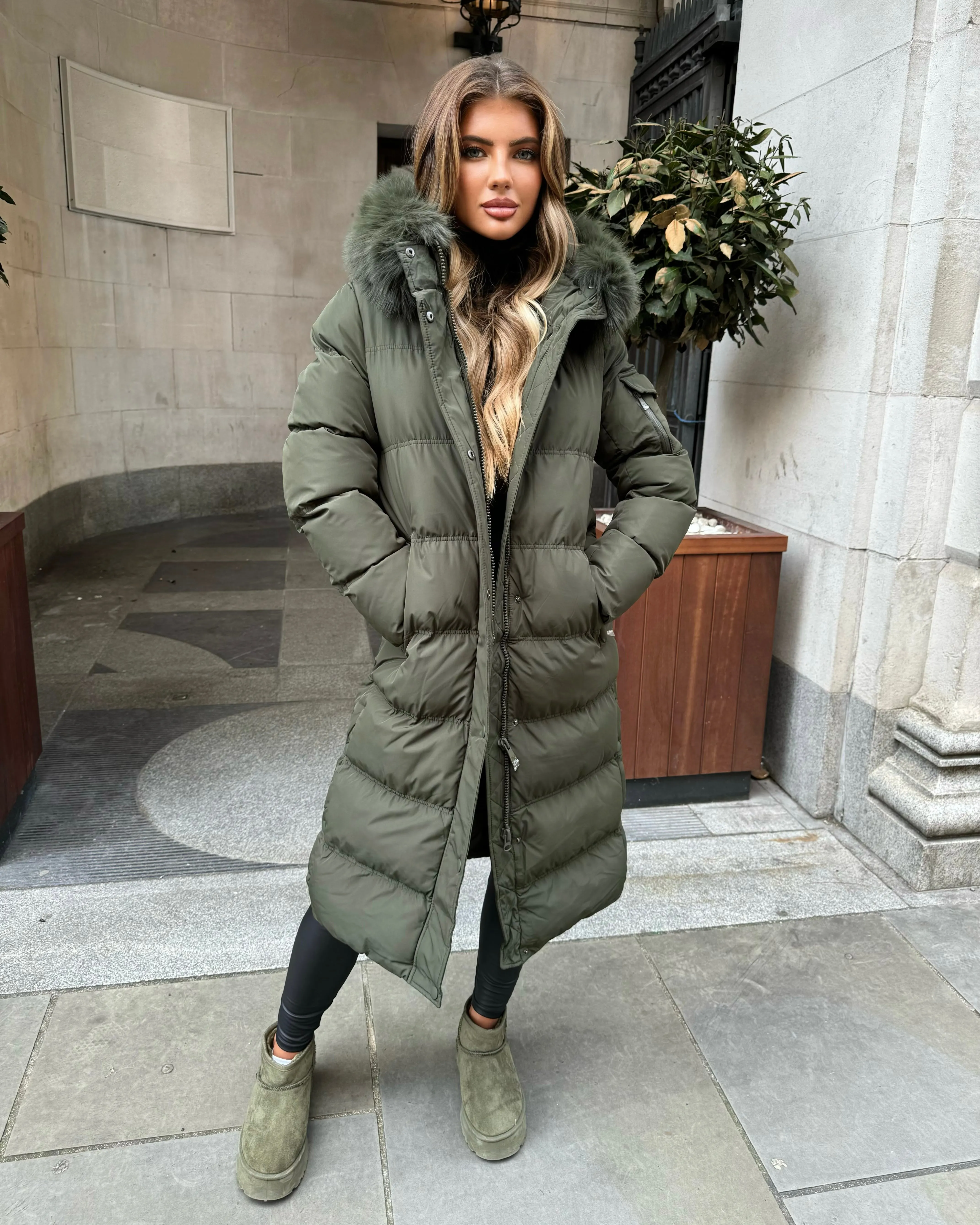 Keke Long Quilted Faux Fur Hood Coat- Khaki