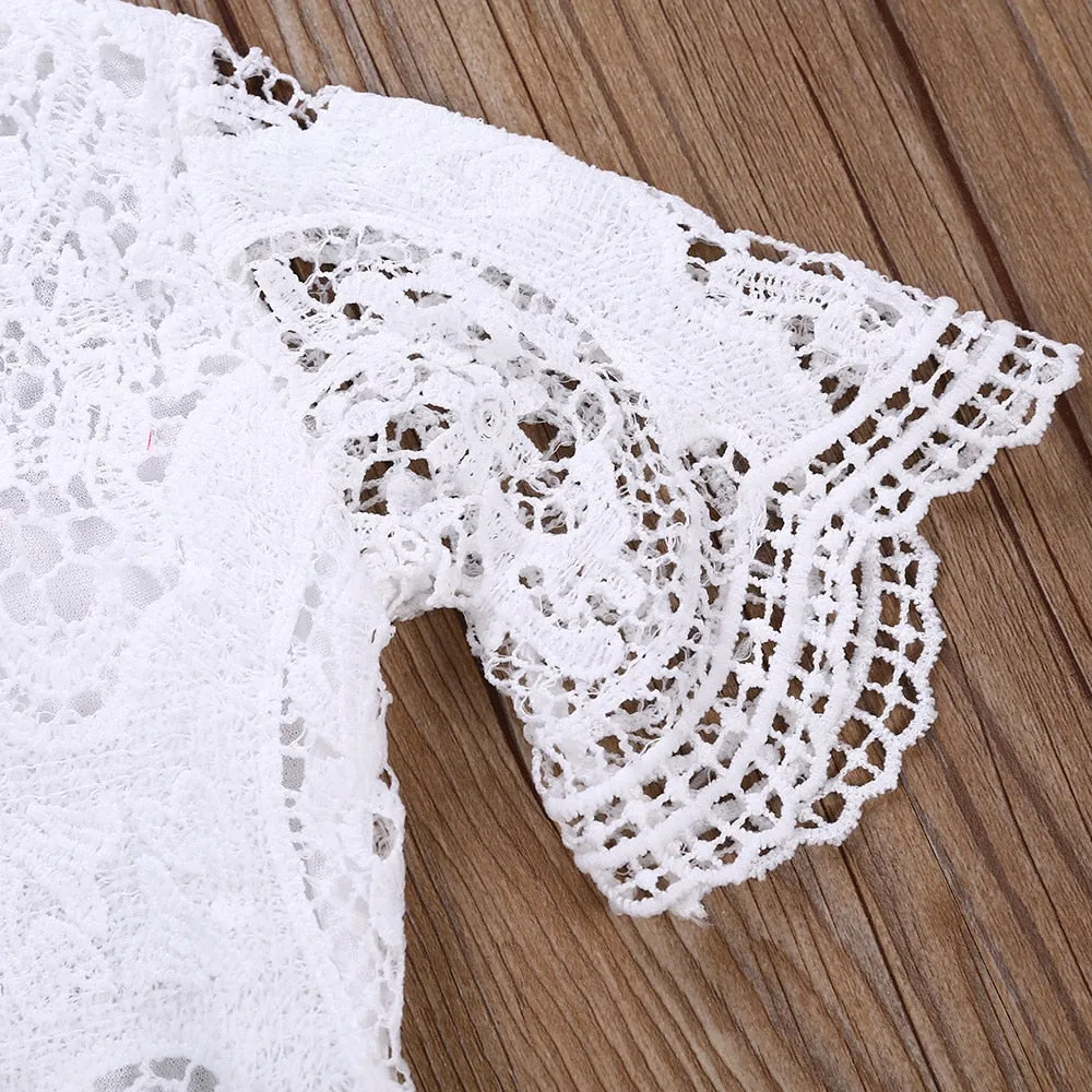 Lacey - Girls White Crochet Lace Bodysuit Romper