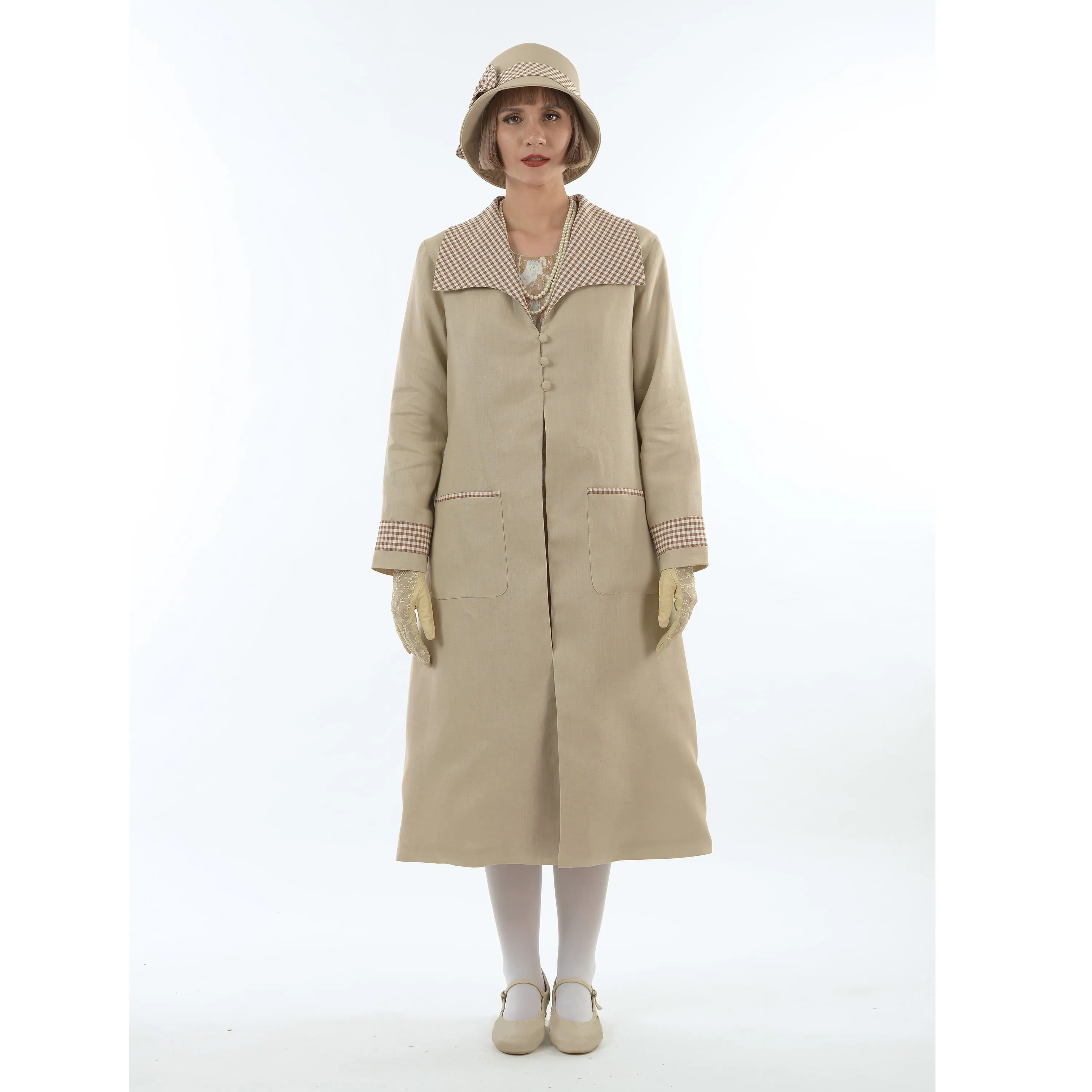 Light brown linen 1920s coat with plaid wing collar