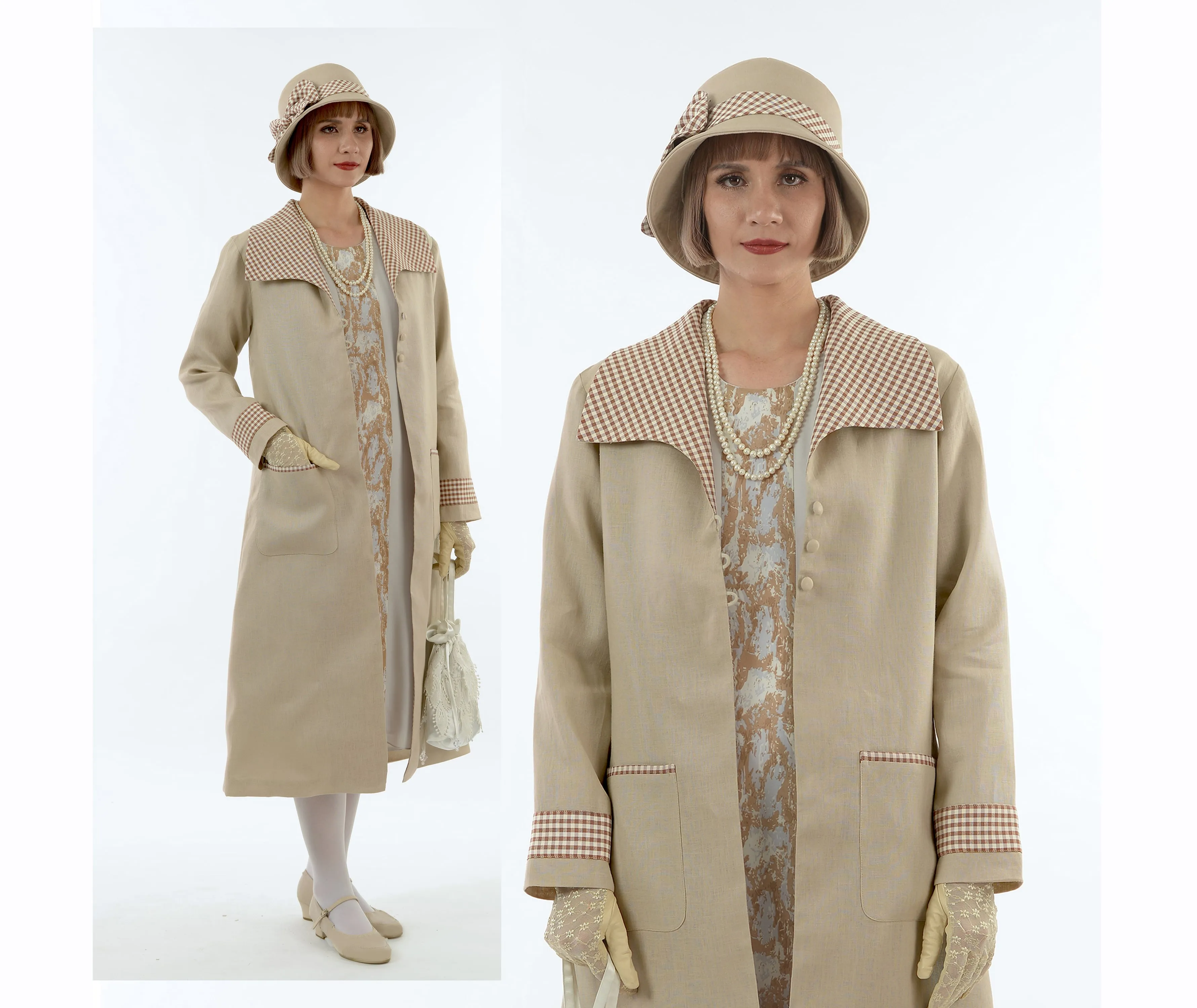 Light brown linen 1920s coat with plaid wing collar