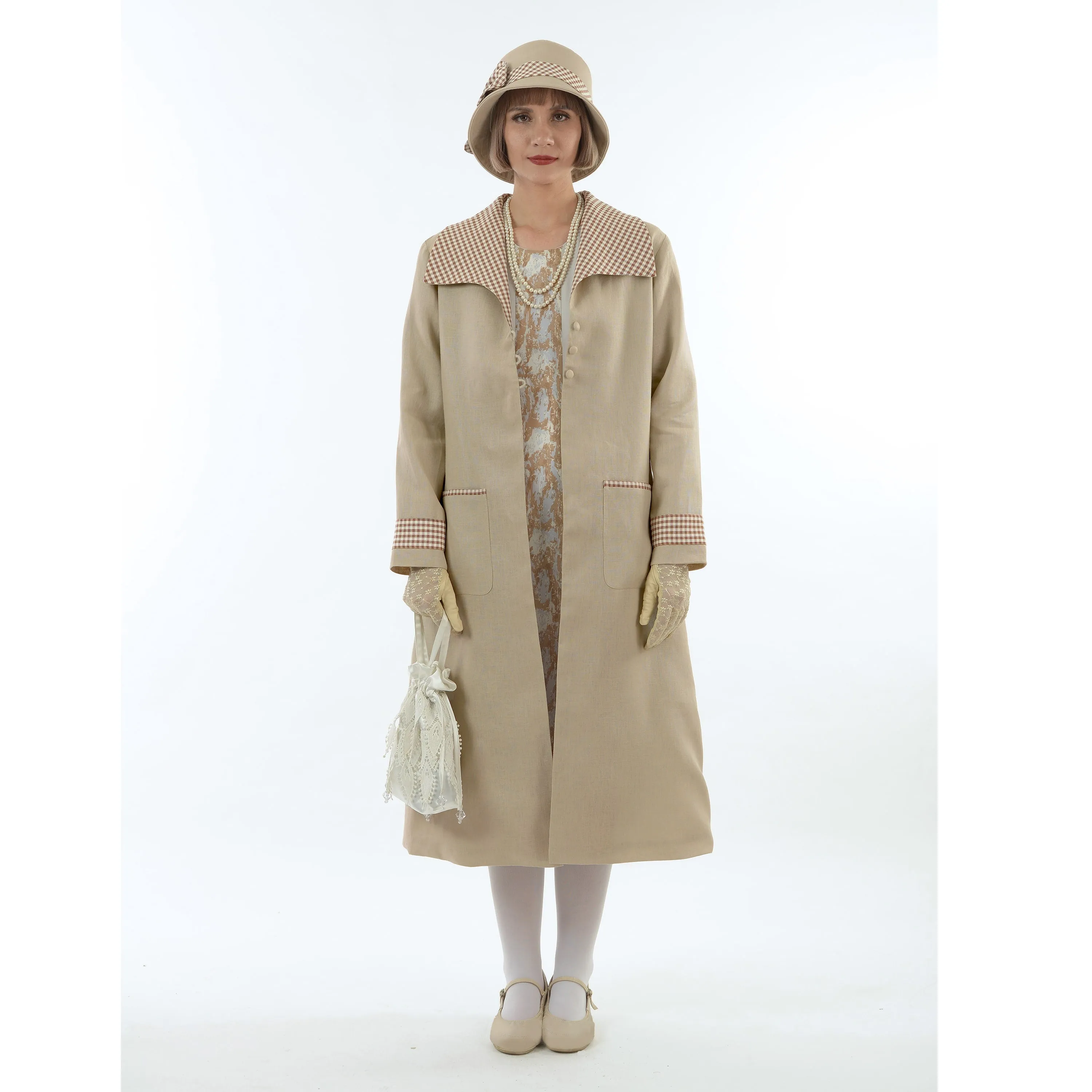 Light brown linen 1920s coat with plaid wing collar