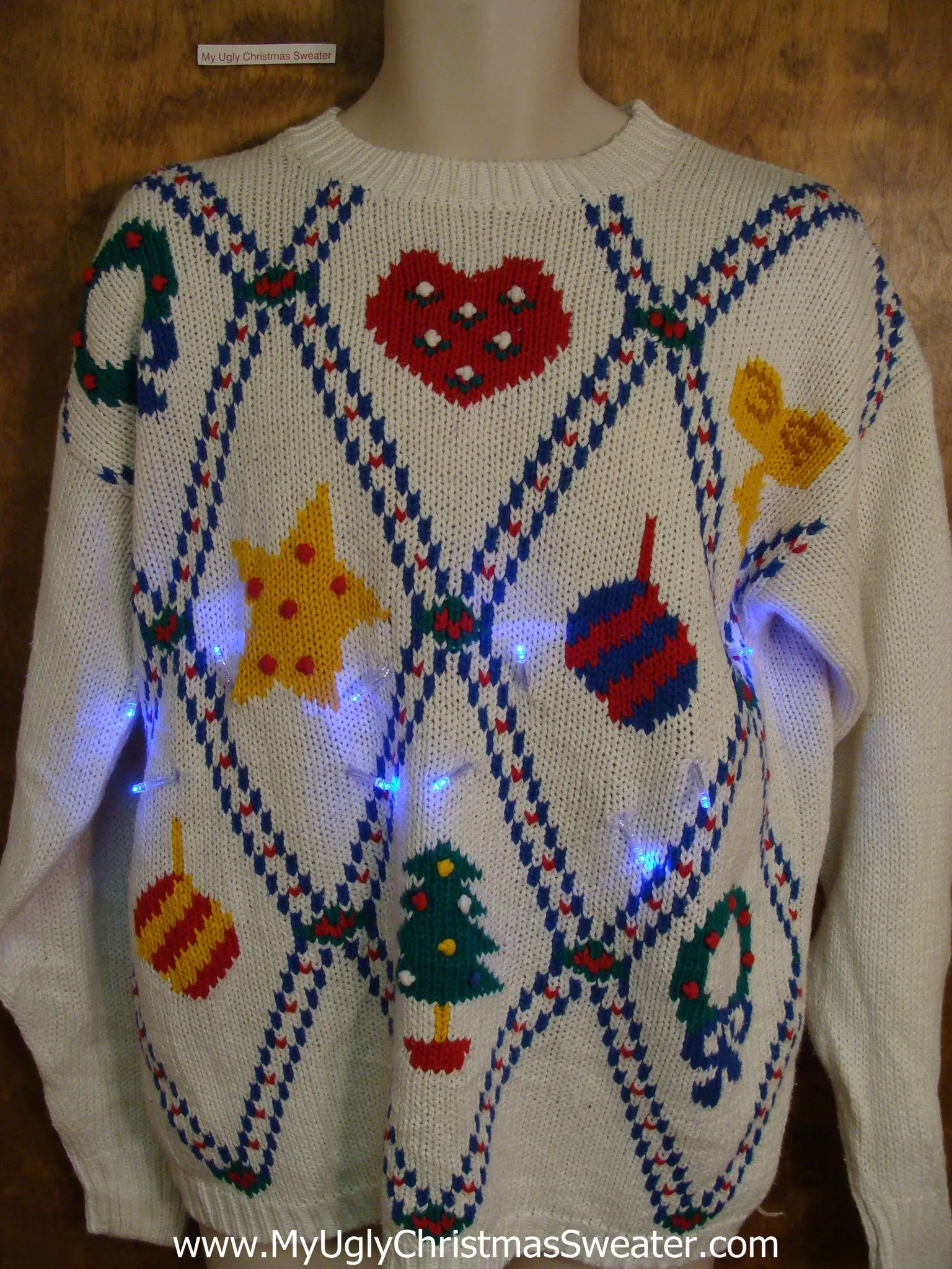 Light Up Ugly Xmas Sweater with Diagonal Grid of Festive Fun