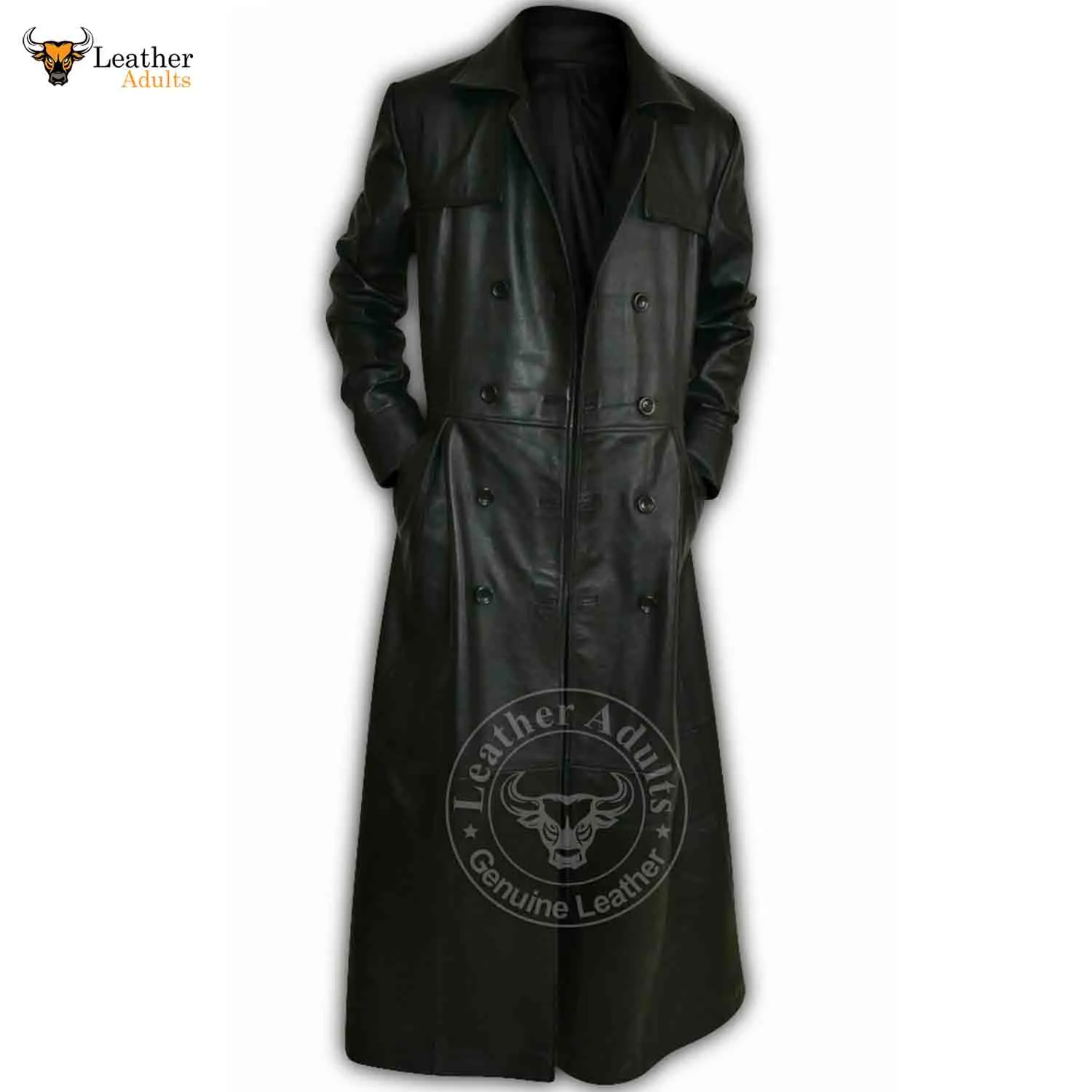 Mens Black Full Long Length Unique Design Leather Coat, Trench Deserter Chester