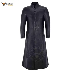 Mens Black Real Cowhide Leather Goth Long Coat Steampunk Matrix Trench Coat Gothic Van Helsing Coat