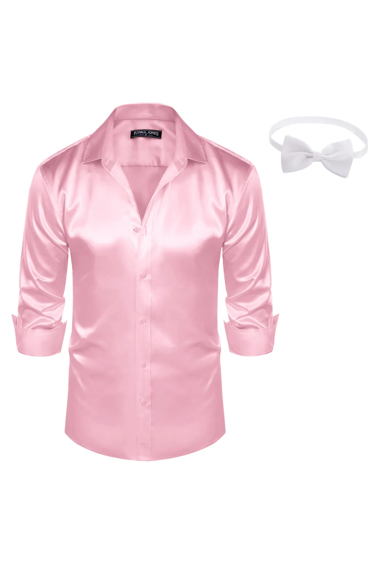 Men's Shiny Satin Dress Shirts Long Sleeve Button Down Silk Cardigans Shirt with Bow Ties