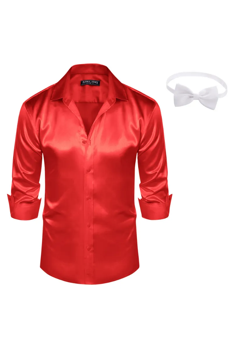 Men's Shiny Satin Dress Shirts Long Sleeve Button Down Silk Cardigans Shirt with Bow Ties