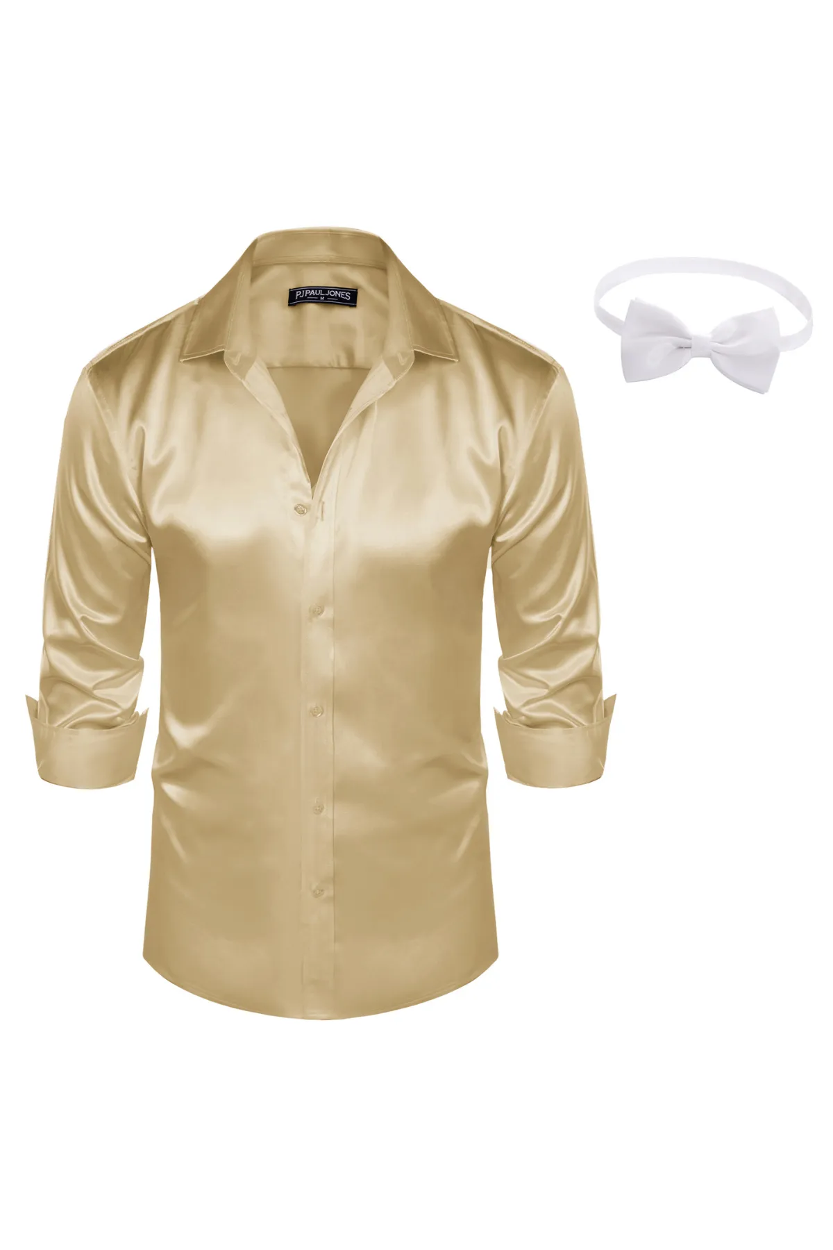 Men's Shiny Satin Dress Shirts Long Sleeve Button Down Silk Cardigans Shirt with Bow Ties