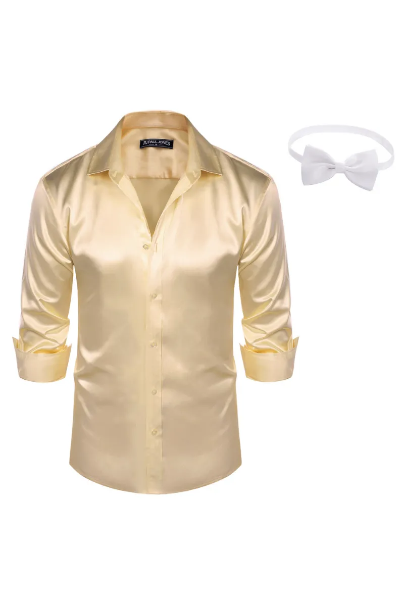 Men's Shiny Satin Dress Shirts Long Sleeve Button Down Silk Cardigans Shirt with Bow Ties