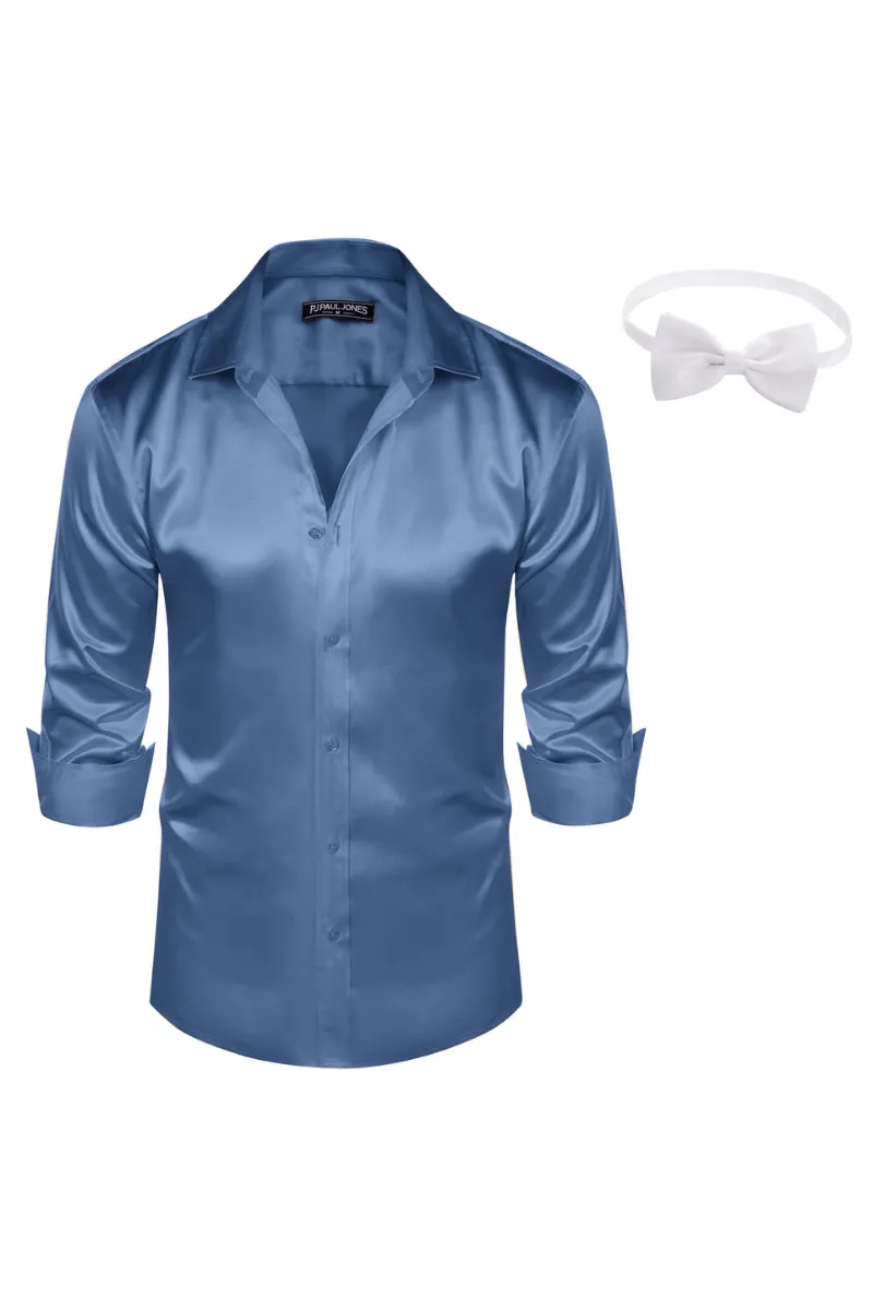 Men's Shiny Satin Dress Shirts Long Sleeve Button Down Silk Cardigans Shirt with Bow Ties