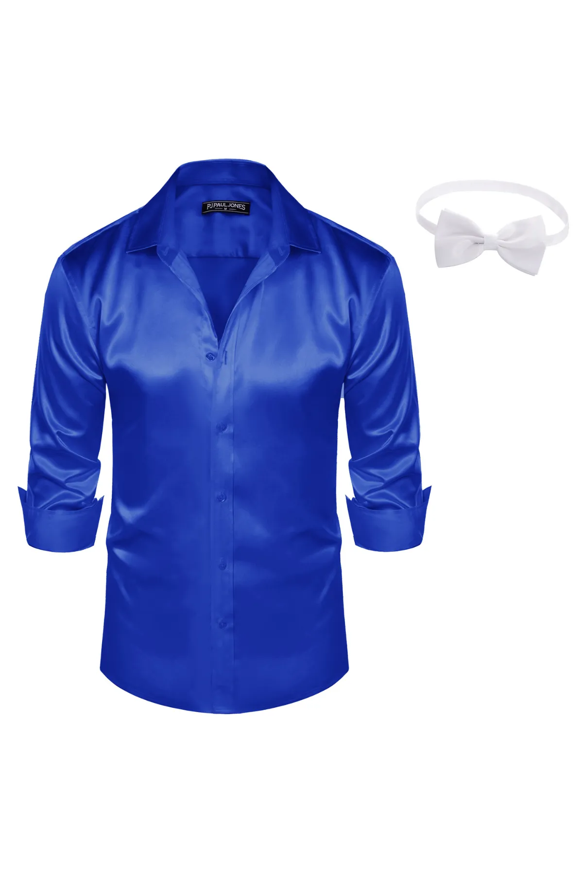 Men's Shiny Satin Dress Shirts Long Sleeve Button Down Silk Cardigans Shirt with Bow Ties