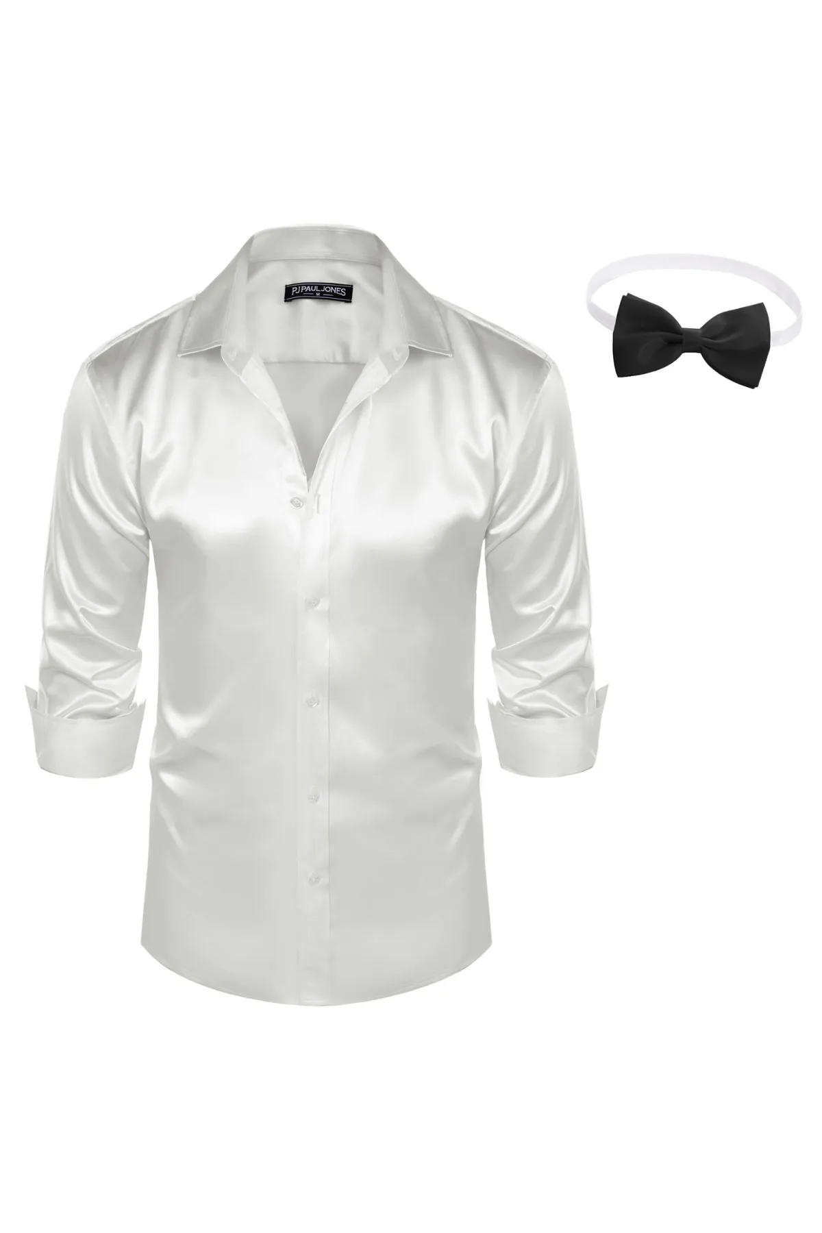 Men's Shiny Satin Dress Shirts Long Sleeve Button Down Silk Cardigans Shirt with Bow Ties