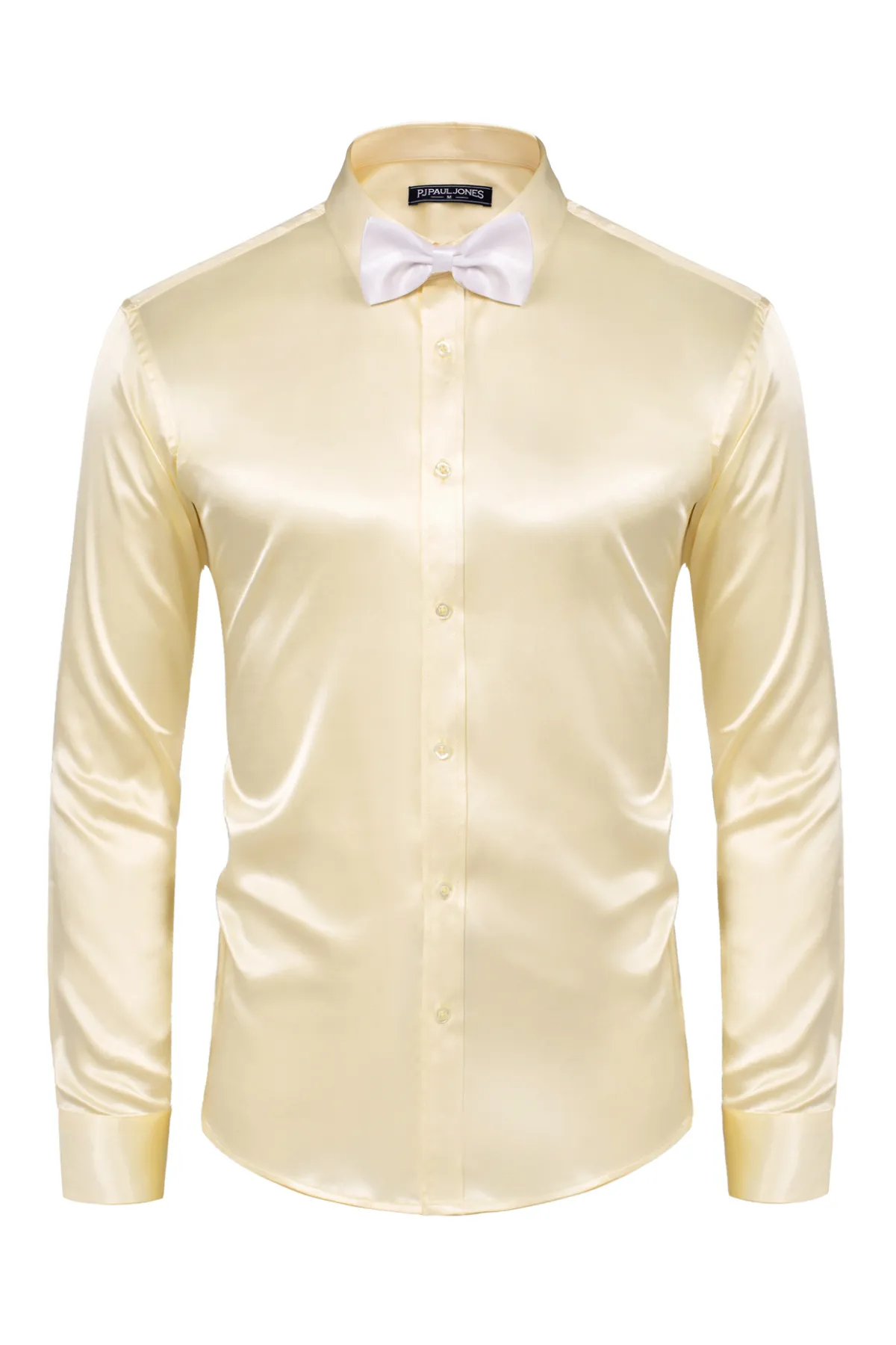 Men's Shiny Satin Dress Shirts Long Sleeve Button Down Silk Cardigans Shirt with Bow Ties