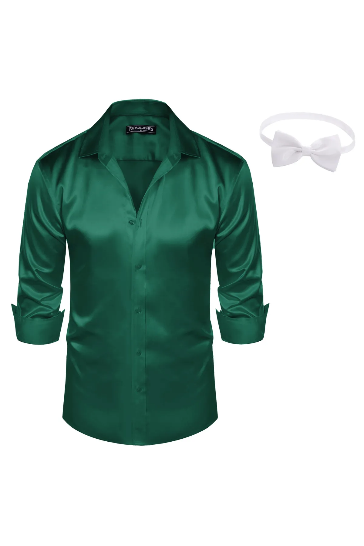 Men's Shiny Satin Dress Shirts Long Sleeve Button Down Silk Cardigans Shirt with Bow Ties