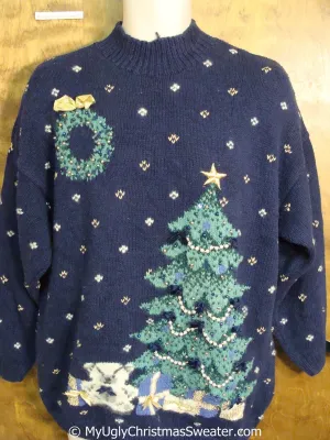 Navy 80s Ugly Christmas Sweater Pullover with Huge Tree