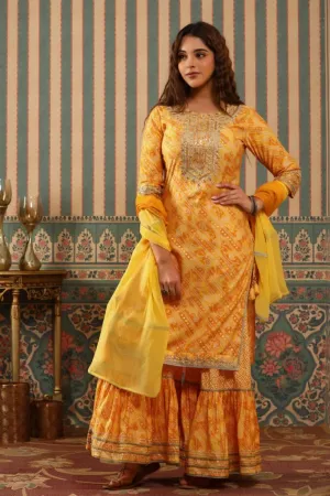 Nayab Madhuri Mustard Floral Gharara Kurta Set With Dupatta