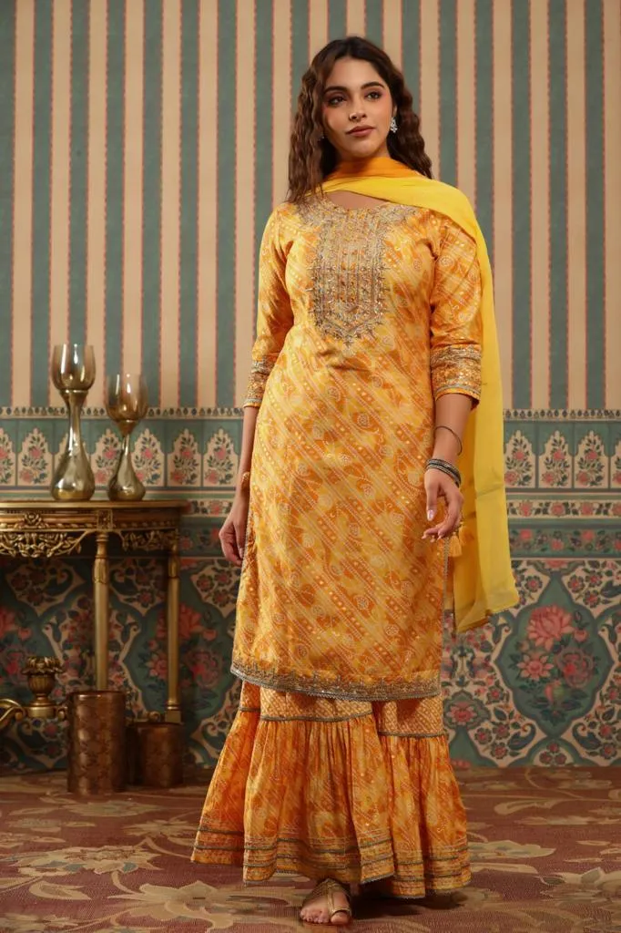 Nayab Madhuri Mustard Floral Gharara Kurta Set With Dupatta