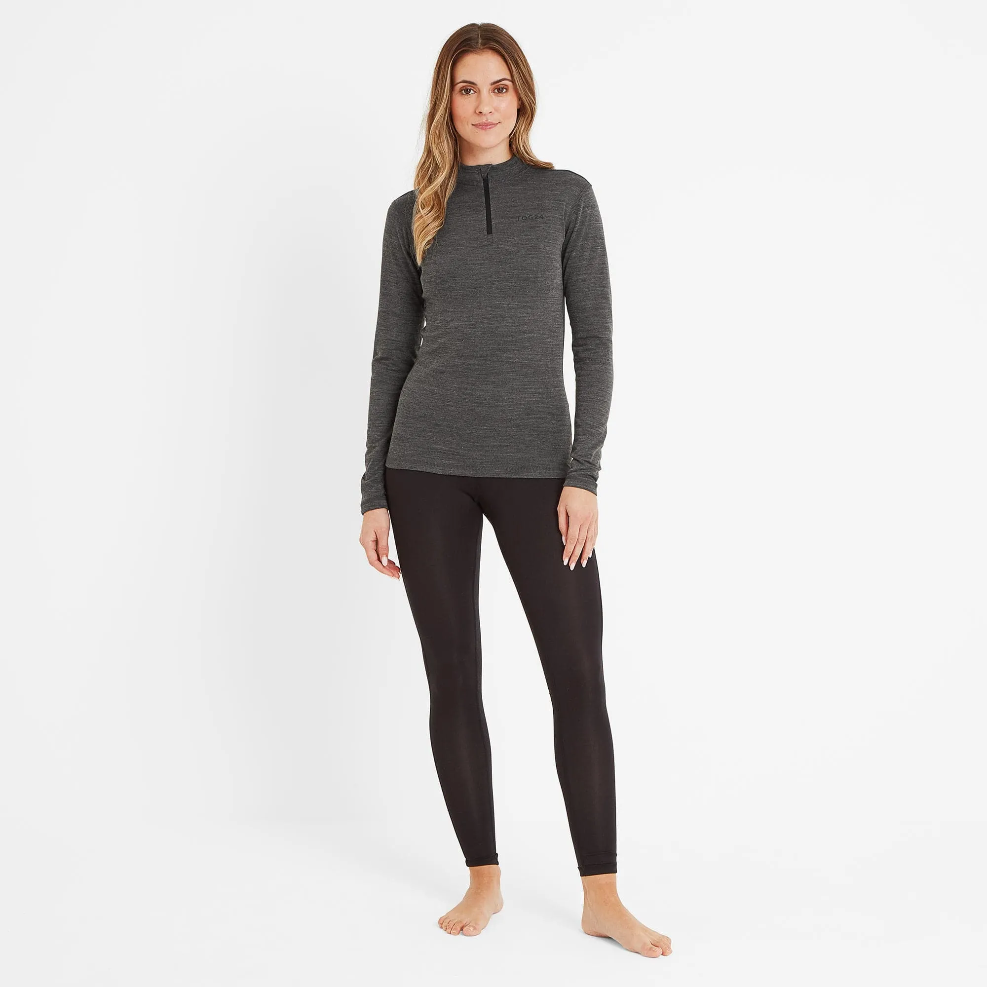 Nevis Womens Merino Base Layer Zip Neck - Grey Marl