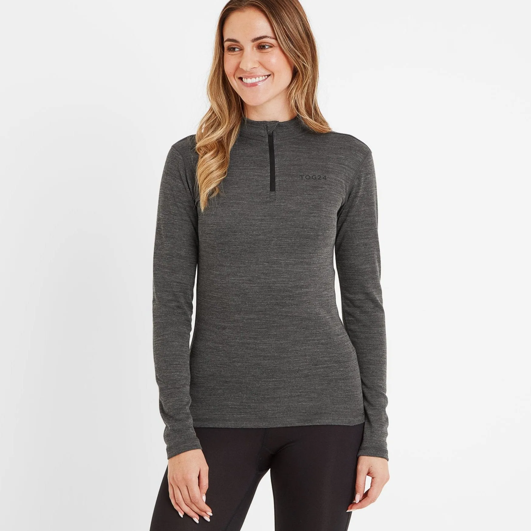 Nevis Womens Merino Base Layer Zip Neck - Grey Marl