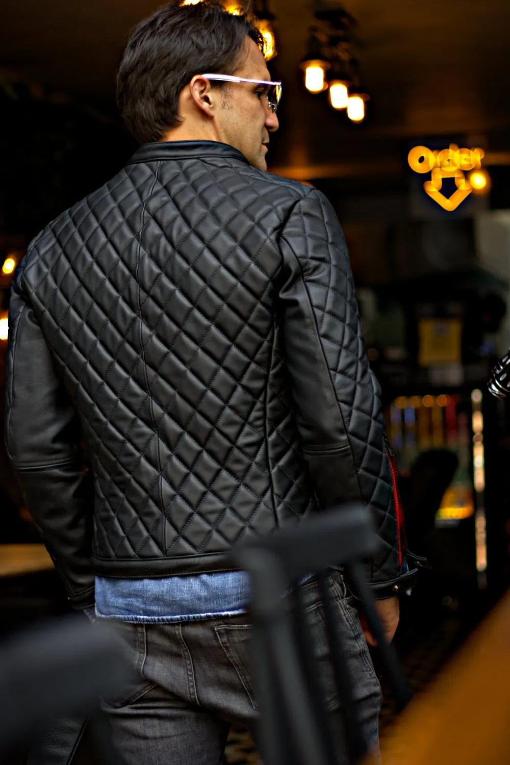 PANAMERICA Leather Jacket - Quilted, in Calfskin Black & Black Zips / Red