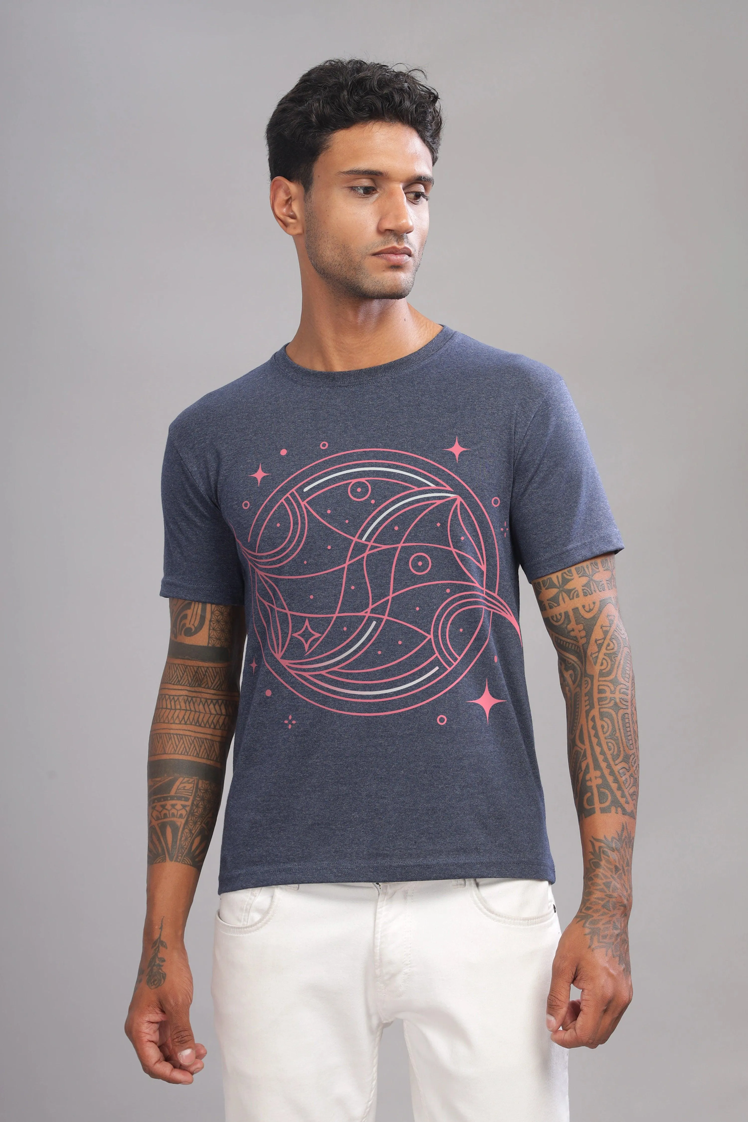 Peaceful Piscean Denim Blue Half Sleeve Printed Round Neck T-Shirt