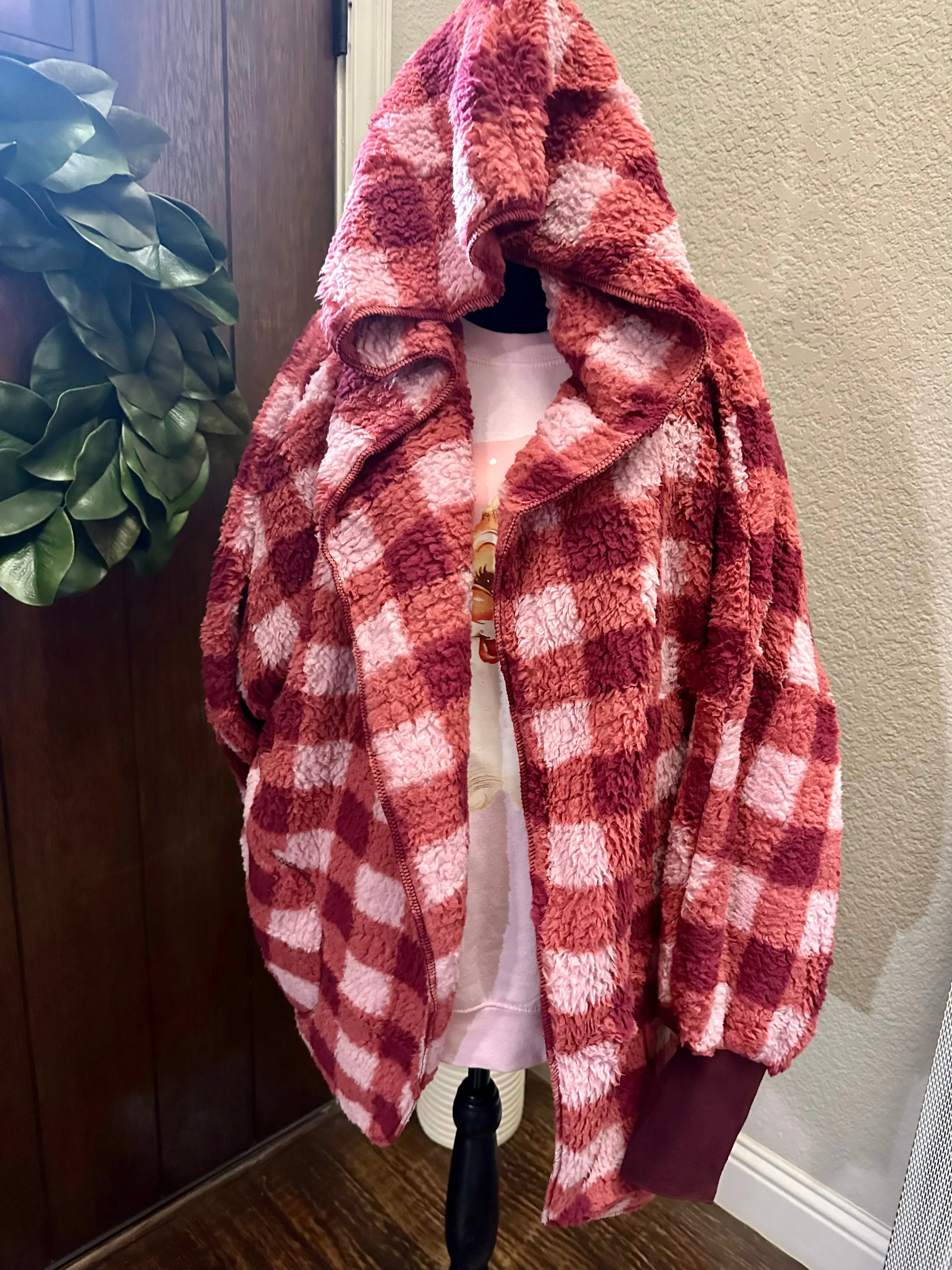 Pink & Red Plaid Hooded Cardigan Body Wrap