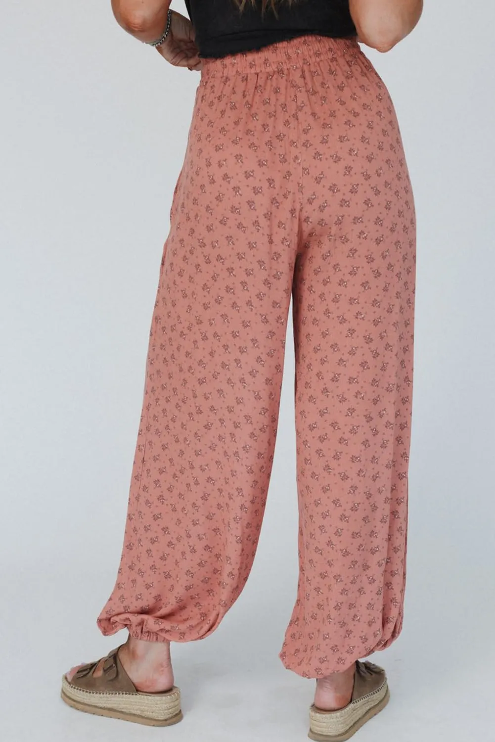 Pink Boho Floral Printed Wide Leg Jogger Pants