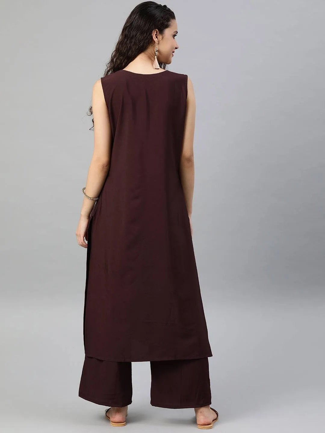 Purple-Brown Sleeveless Kurta Palazzo Set in Crepe