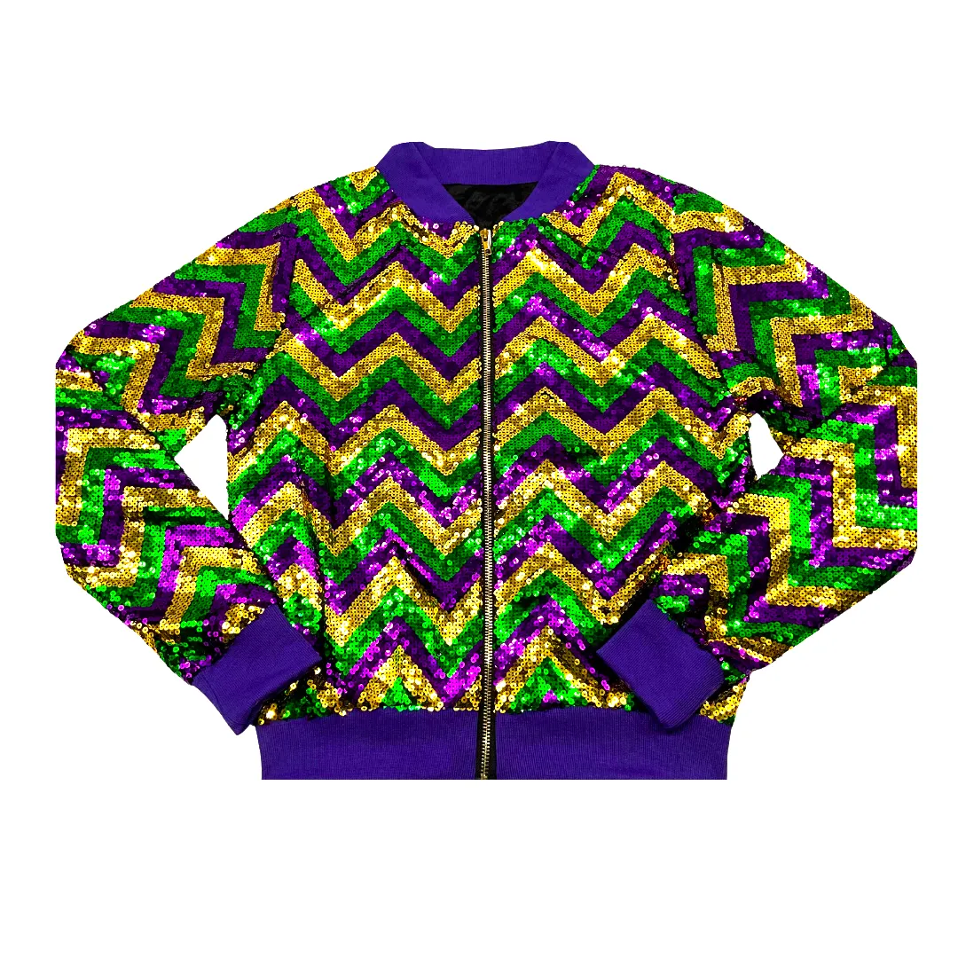 Purple, Green, and Gold Mardi Gras Chevron Sequin Bomber Jacket (Each)