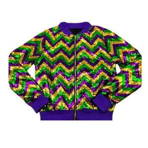 Purple, Green, and Gold Mardi Gras Chevron Sequin Bomber Jacket (Each)